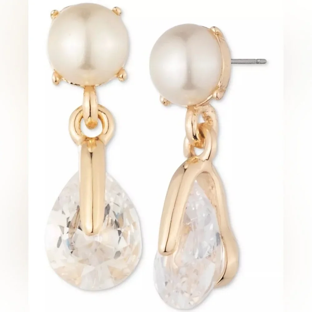 Givenchy Faux-Pearl Cubic Zirconia Gold Tone Drop Earrings